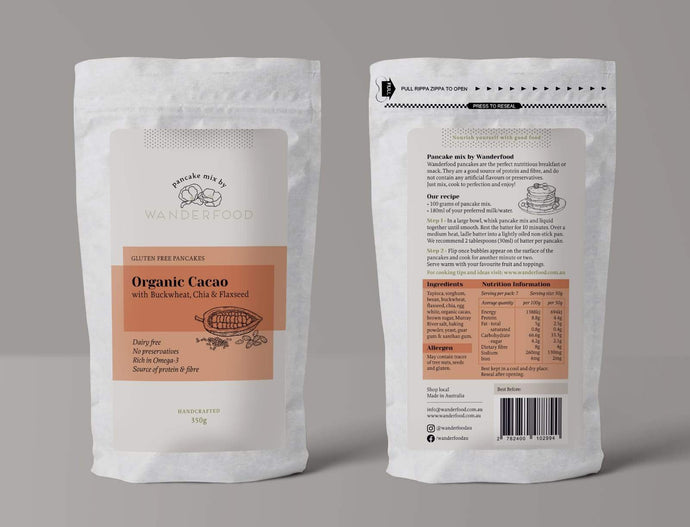 gluten free wanderfood catering organic cacao pancake mix with buckwheat chia and flaxseed in a zipped bag packaging